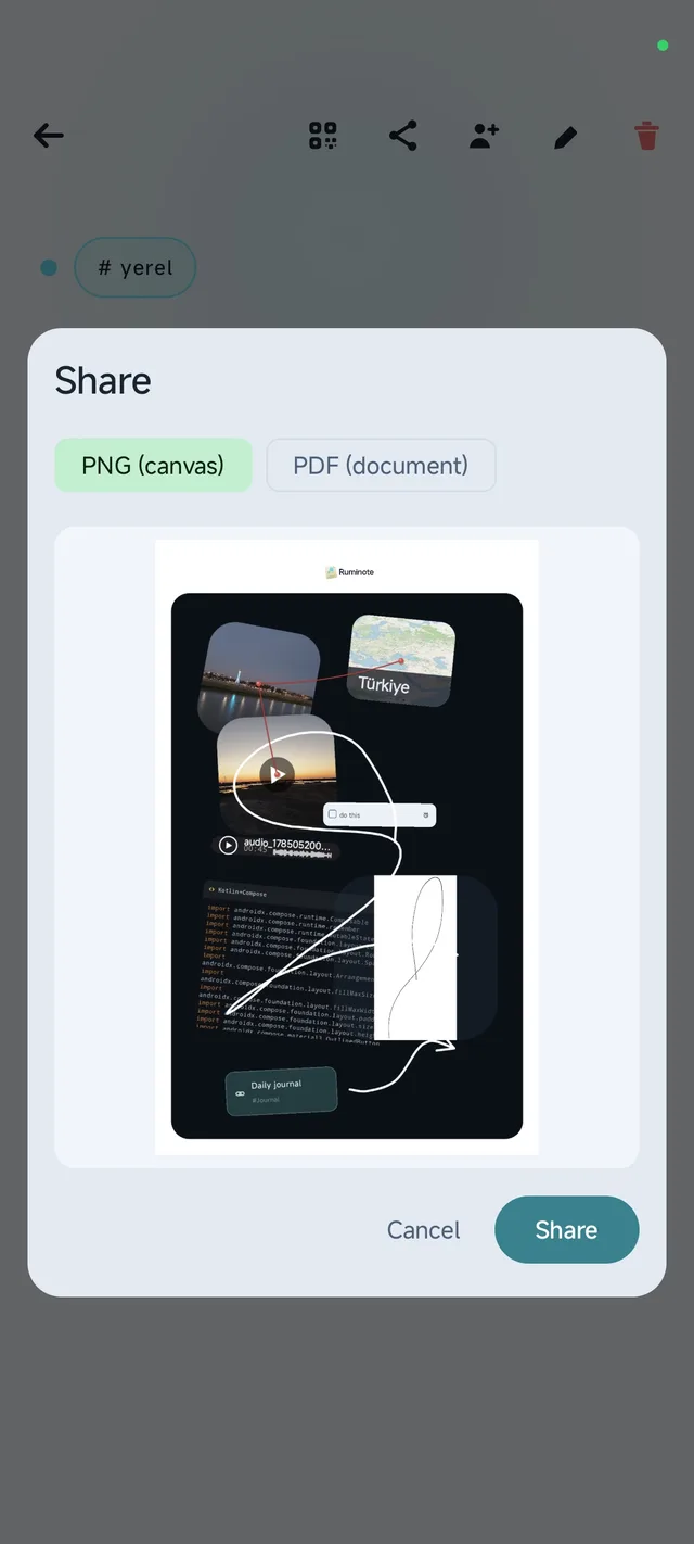 Paylaşım ekranı: tuvali PNG ya da PDF olarak paylaşma